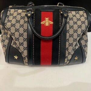 Gucci Beige GG Canvas Satchel with Red and Navy Web and Gold Bee
